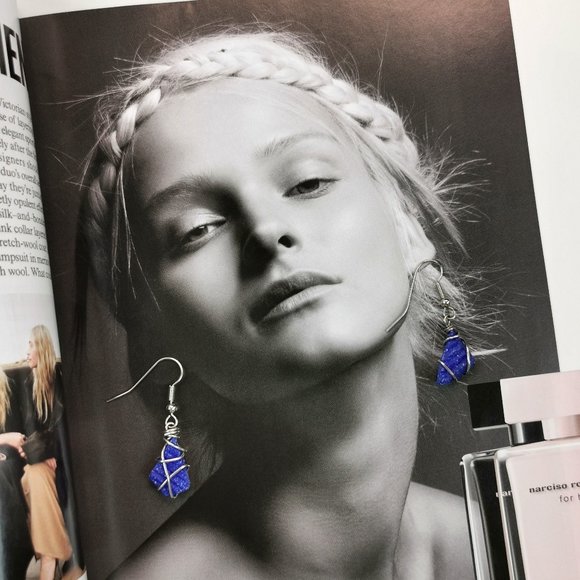 Silver Wire Wrapped Blue Tile Asymmetric Earrings - Picture 1 of 9